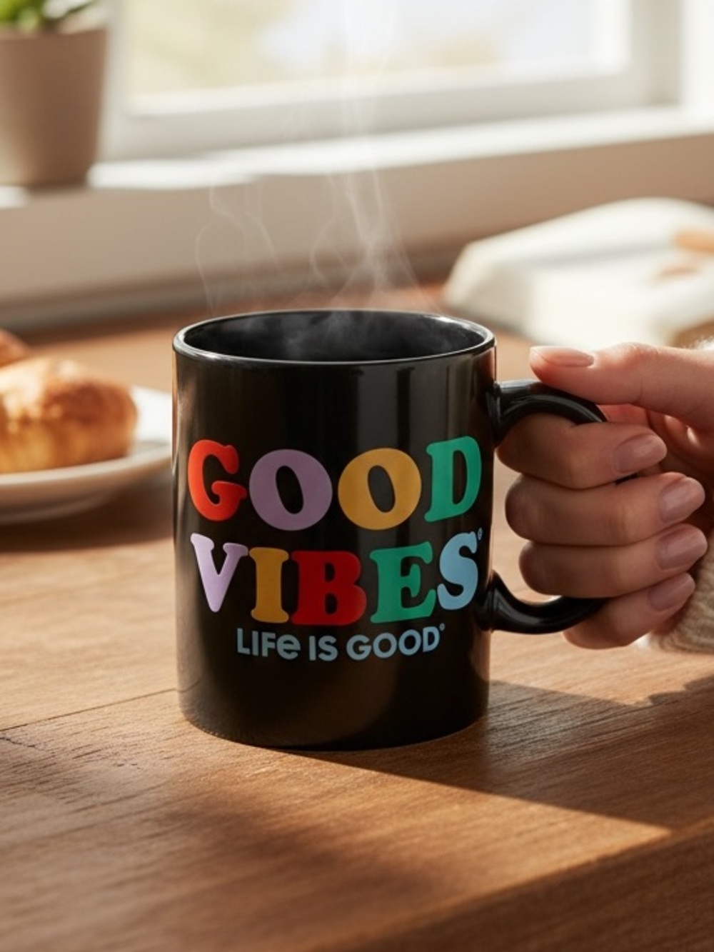 Life Is Good Good Vibes Mug 16 oz Black Rainbow Coffee Cup BNIB